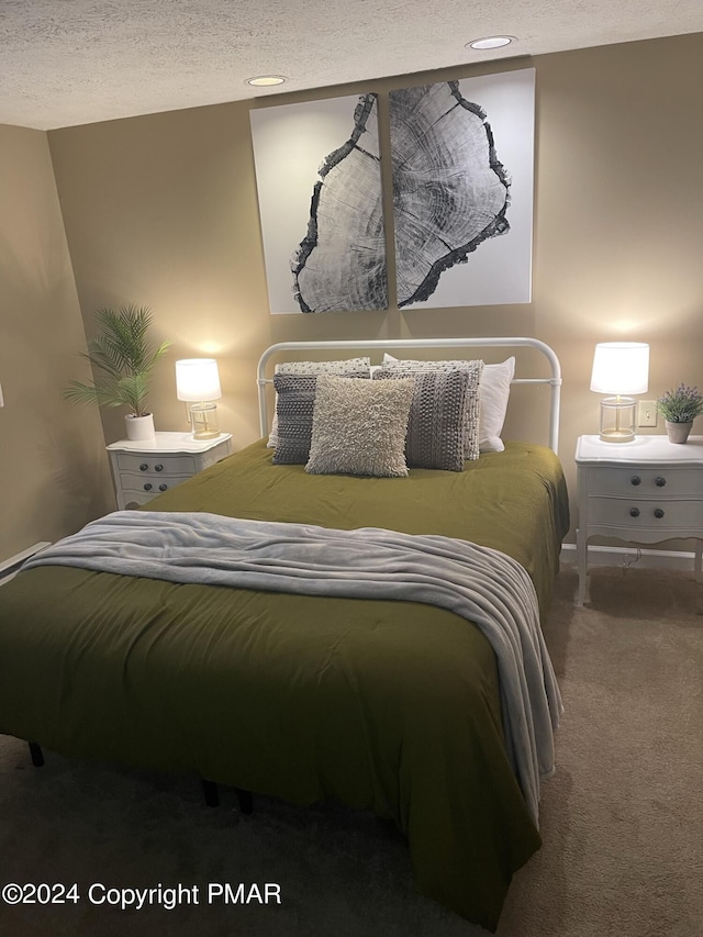 bedroom featuring carpet and a textured ceiling