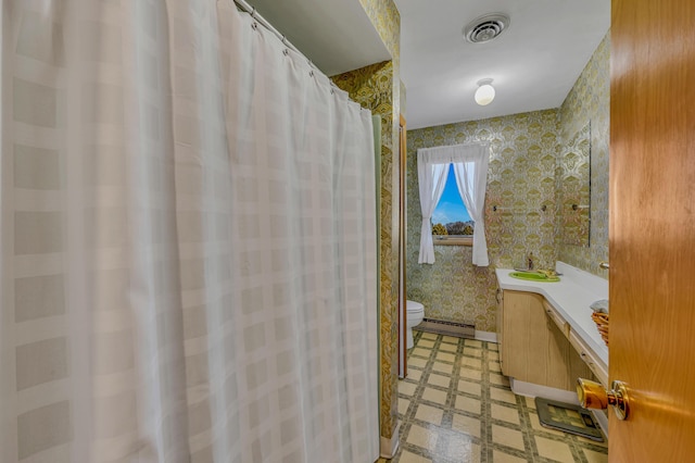 full bathroom with tile patterned floors, visible vents, toilet, wallpapered walls, and baseboard heating