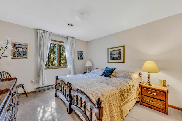 bedroom featuring light carpet, baseboard heating, baseboards, and visible vents