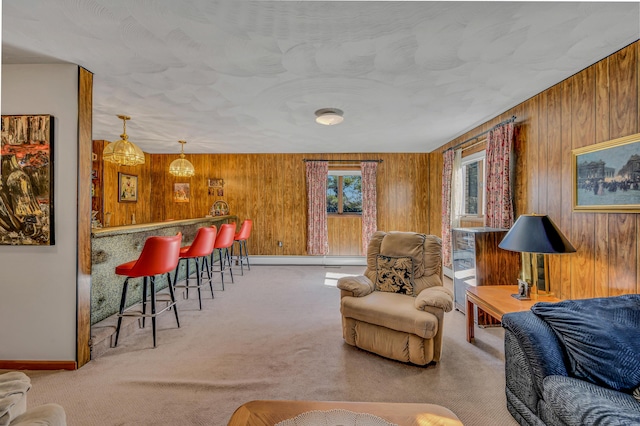 living room with indoor wet bar, wooden walls, carpet, and baseboards