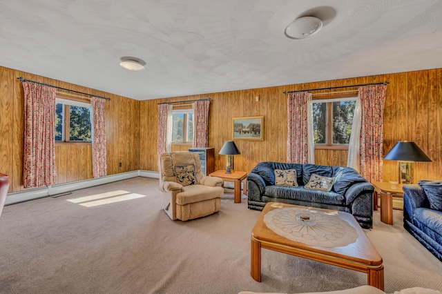 carpeted living area featuring a baseboard radiator and wood walls