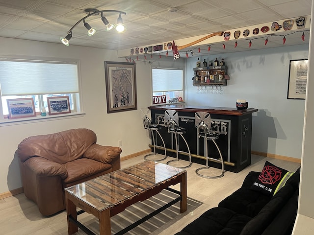 living area featuring a bar, baseboards, and wood finished floors