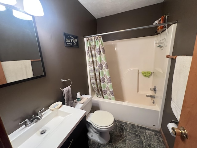 full bath featuring toilet, vanity, and shower / bathtub combination with curtain