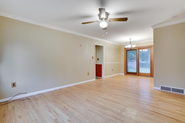 1703 Wallace St, Stroudsburg, PA 18360 - spare room with a chandelier, a ceiling fan, light wood-type flooring, and ornamental molding