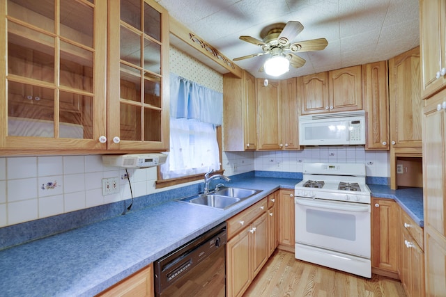 1703 Wallace St, Stroudsburg, PA 18360 - kitchen featuring white appliances, tasteful backsplash, light wood-style flooring, glass insert cabinets, and ceiling fan
