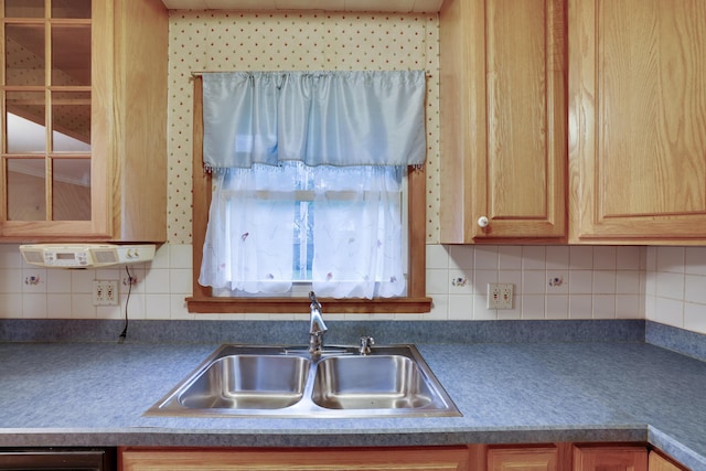 1703 Wallace St, Stroudsburg, PA 18360 - kitchen featuring tasteful backsplash, light brown cabinetry, glass insert cabinets, dark countertops, and dishwashing machine