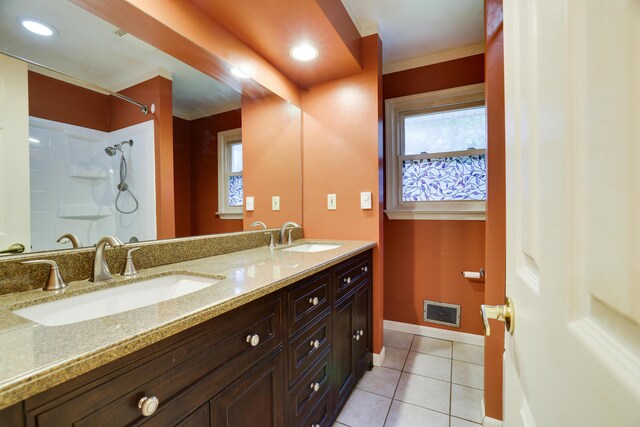 1703 Wallace St, Stroudsburg, PA 18360 - full bathroom with tile patterned flooring, double vanity, a shower, and ornamental molding