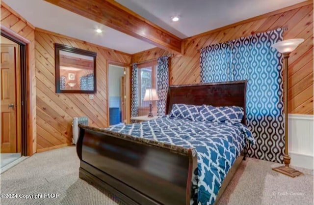 bedroom featuring wood walls, carpet flooring, beam ceiling, and recessed lighting