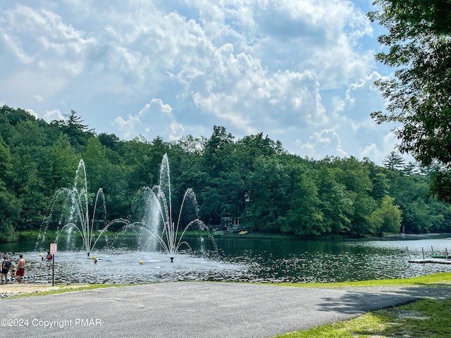 view of property's community with a water view and a forest view