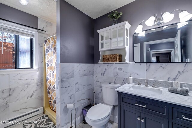 bathroom featuring vanity, a textured ceiling, a baseboard radiator, toilet, and walk in shower