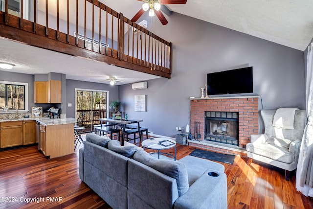 living room featuring a brick fireplace, dark wood-type flooring, sink, and high vaulted ceiling