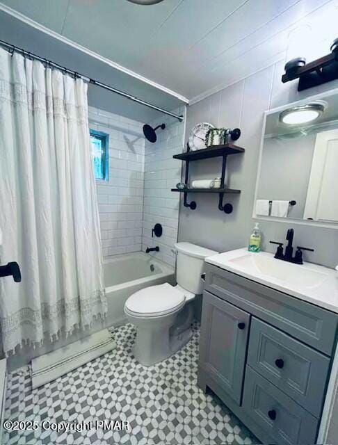 full bathroom with toilet, shower / bath combination with curtain, and vanity