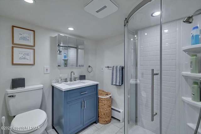 bathroom featuring a baseboard radiator, toilet, recessed lighting, vanity, and a stall shower