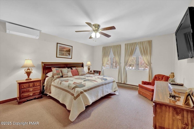 carpeted bedroom with ceiling fan, baseboards, baseboard heating, and a wall mounted air conditioner