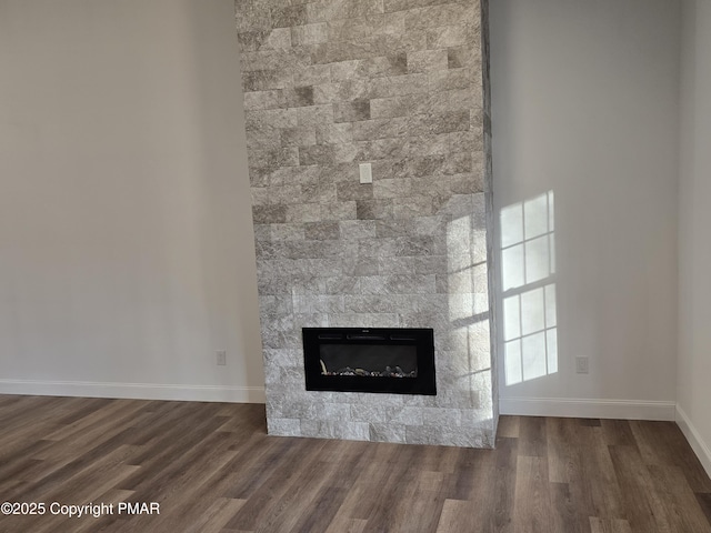 room details with baseboards, a stone fireplace, and wood finished floors