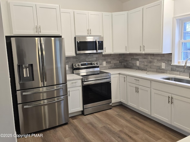 kitchen featuring wood finished floors, a sink, appliances with stainless steel finishes, white cabinetry, and tasteful backsplash