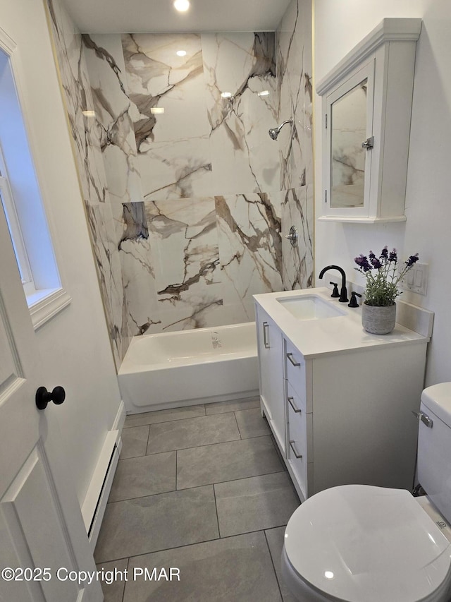 full bath featuring vanity, shower / bath combination, toilet, and a baseboard radiator