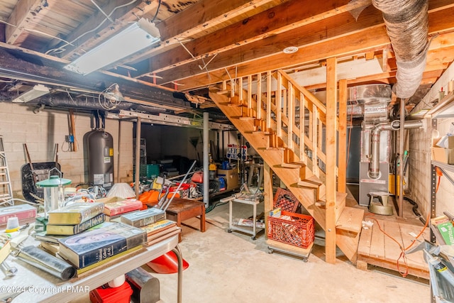 unfinished basement with electric water heater and stairway