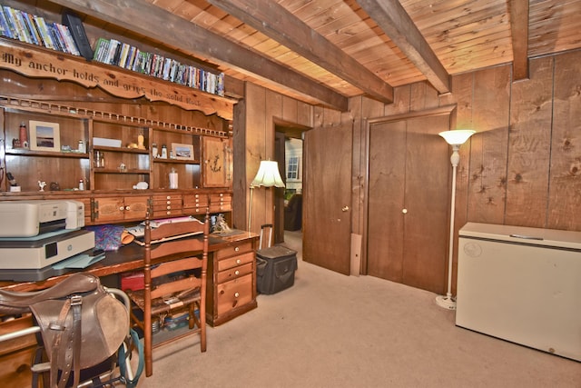 118 Sussex Ct, Bushkill, PA 18324 - carpeted office with wood walls and a wood ceiling with exposed beams