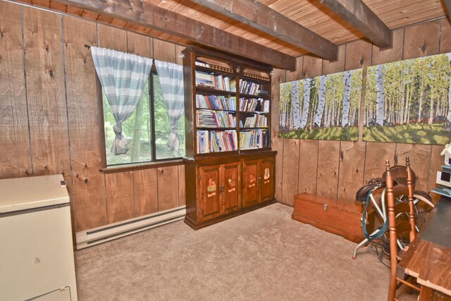 118 Sussex Ct, Bushkill, PA 18324 - carpeted home office featuring a baseboard radiator, wood walls, and a wood ceiling with exposed beams