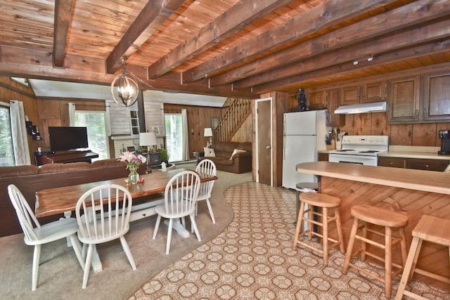 118 Sussex Ct, Bushkill, PA 18324 - dining space with wood walls, stairway, a wooden ceiling with exposed beams, and a chandelier