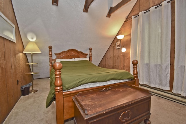 118 Sussex Ct, Bushkill, PA 18324 - carpeted bedroom with vaulted ceiling, wooden walls, and a textured ceiling