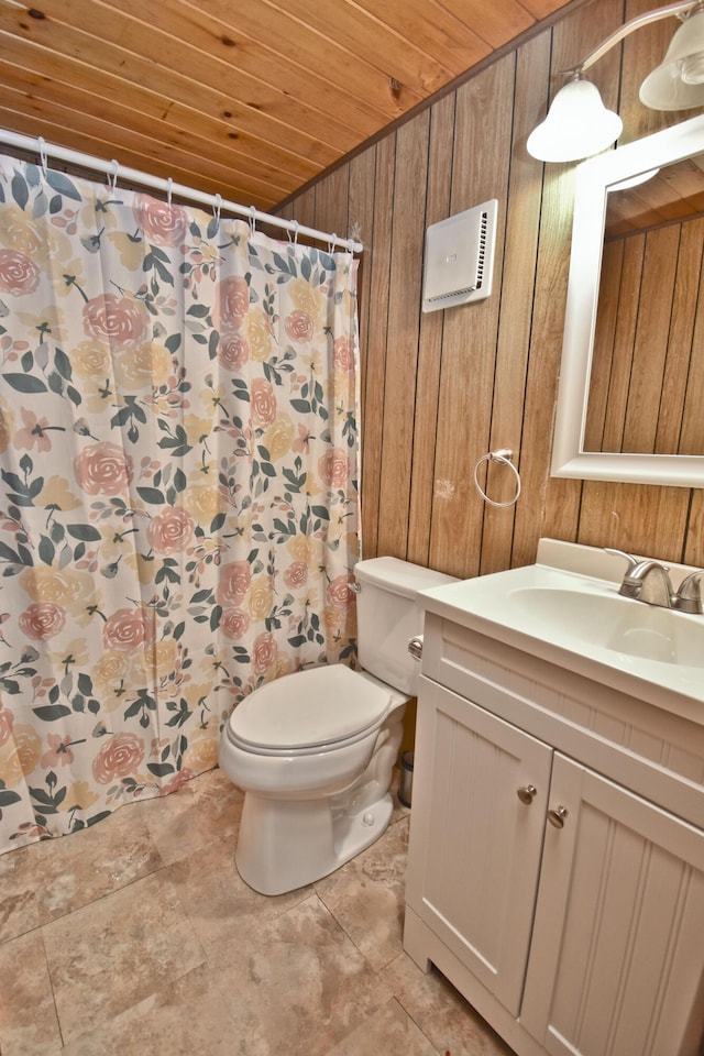118 Sussex Ct, Bushkill, PA 18324 - full bath featuring wood ceiling, vanity, wooden walls, and curtained shower