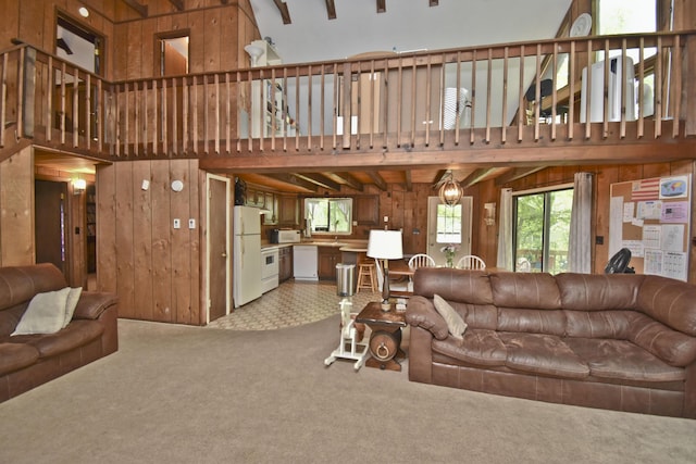 118 Sussex Ct, Bushkill, PA 18324 - living area with wooden walls, a high ceiling, and carpet