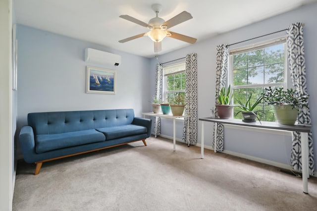 136 Outlook Ct, East Stroudsburg, PA 18302 - living area featuring an AC wall unit, carpet floors, and ceiling fan