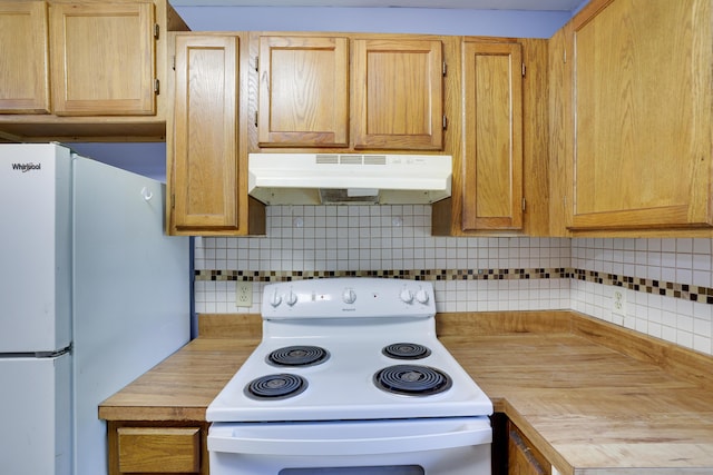 3055 Briarwood Dr, Tobyhanna, PA 18466 - kitchen with white appliances, under cabinet range hood, and backsplash