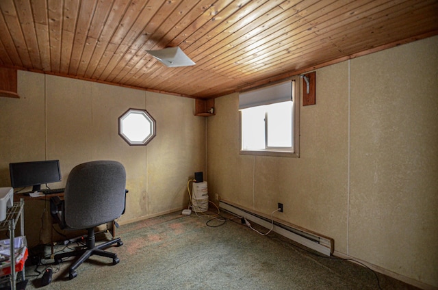 unfurnished office with a wealth of natural light, a baseboard radiator, and wooden ceiling