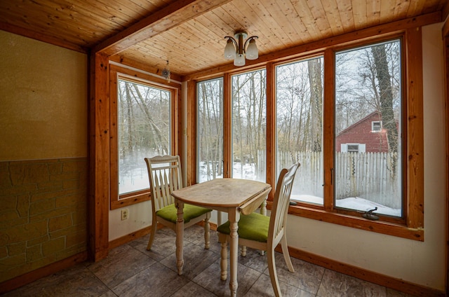 interior space featuring wood ceiling and baseboards