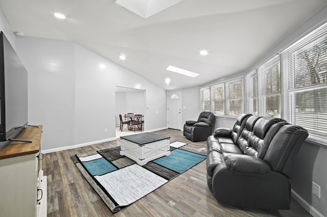 202 Palomino Pl, Tobyhanna, PA 18466 - living room with a skylight, wood finished floors, vaulted ceiling, baseboards, and recessed lighting