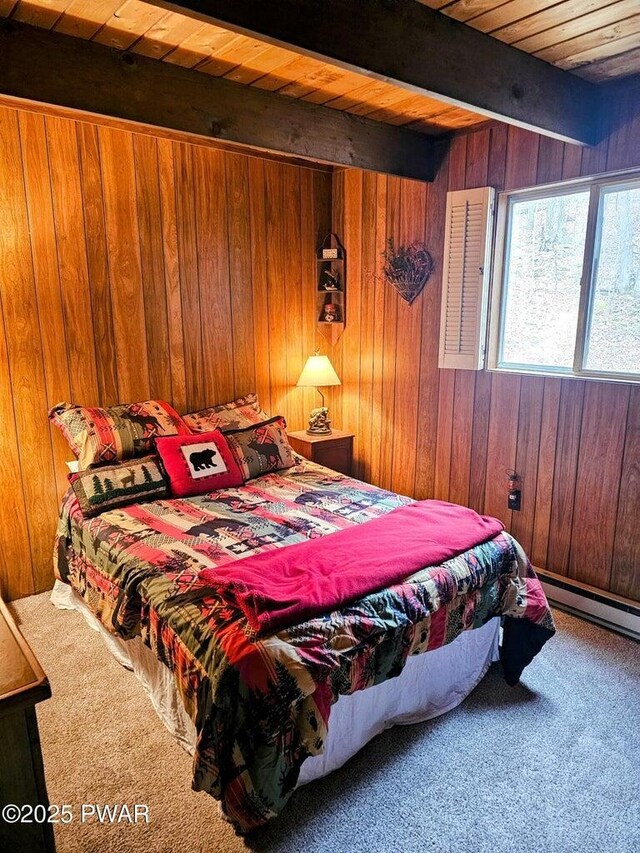 1123 Porter Dr, Bushkill, PA 18324 - bedroom featuring carpet flooring, beamed ceiling, wooden walls, baseboard heating, and wooden ceiling
