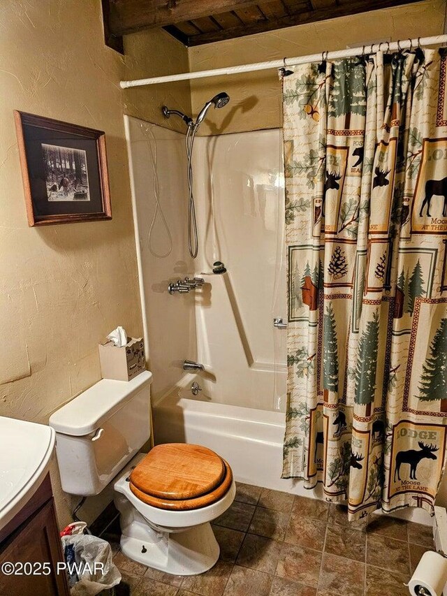 1123 Porter Dr, Bushkill, PA 18324 - bathroom with toilet, shower / tub combo with curtain, vanity, and stone finish floors