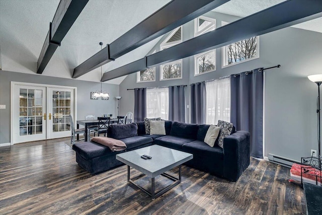 living area featuring a textured ceiling, french doors, wood finished floors, and beam ceiling