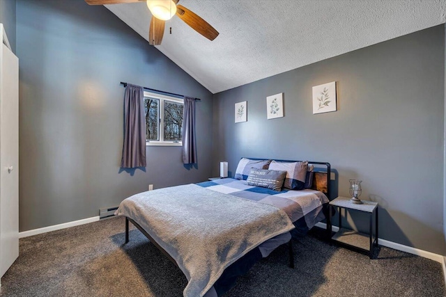 bedroom featuring a baseboard heating unit, baseboards, carpet flooring, and lofted ceiling