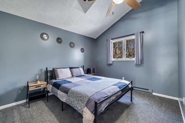 carpeted bedroom with baseboards, a ceiling fan, lofted ceiling, a baseboard radiator, and a textured ceiling