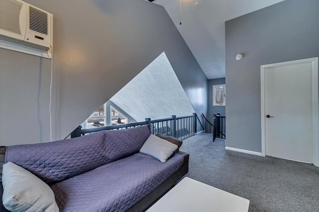 living room featuring carpet, an AC wall unit, lofted ceiling, and baseboards