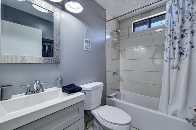 full bath with toilet, shower / bathtub combination with curtain, a textured ceiling, and vanity