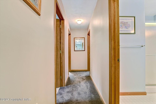 hallway with carpet, baseboards, and a textured ceiling