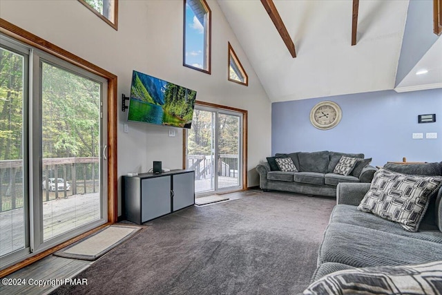 living room featuring beam ceiling, high vaulted ceiling, and carpet