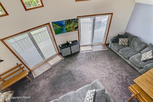 unfurnished living room featuring carpet flooring and a towering ceiling