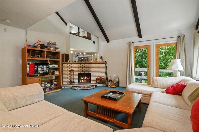 carpeted living area featuring lofted ceiling with beams and a fireplace