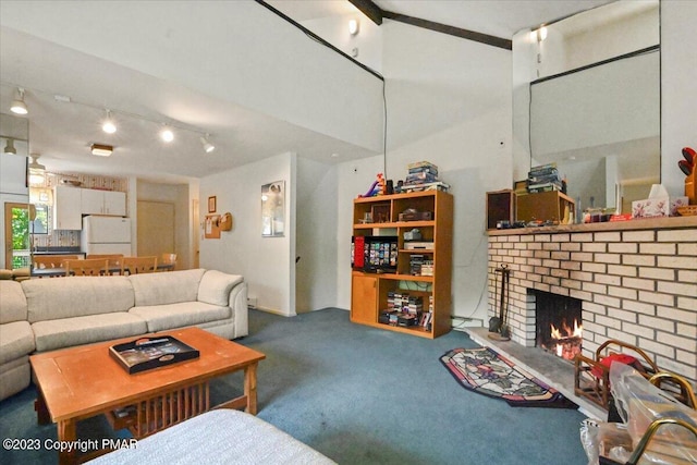 living room with a brick fireplace, vaulted ceiling, and carpet flooring