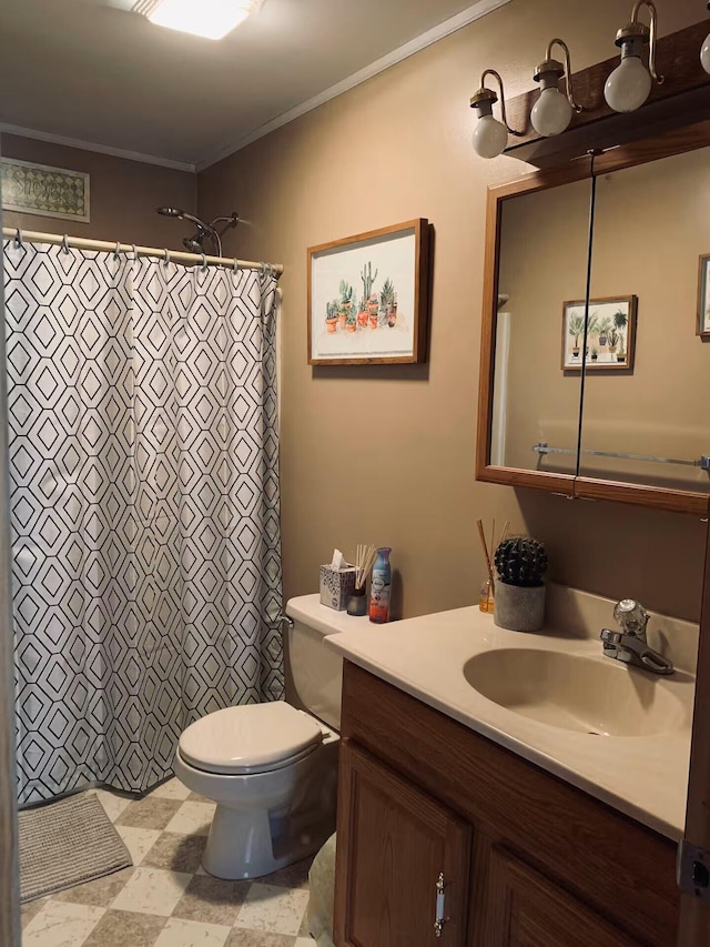 251 Dorchester Dr, Bushkill, PA 18324 - full bathroom featuring vanity, tile patterned floors, crown molding, and a shower with curtain