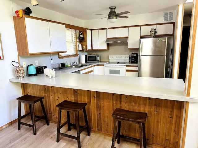 251 Dorchester Dr, Bushkill, PA 18324 - kitchen with appliances with stainless steel finishes, under cabinet range hood, a peninsula, light countertops, and light wood-style floors