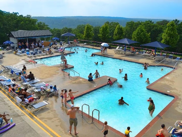 251 Dorchester Dr, Bushkill, PA 18324 - community pool featuring a forest view and a patio area