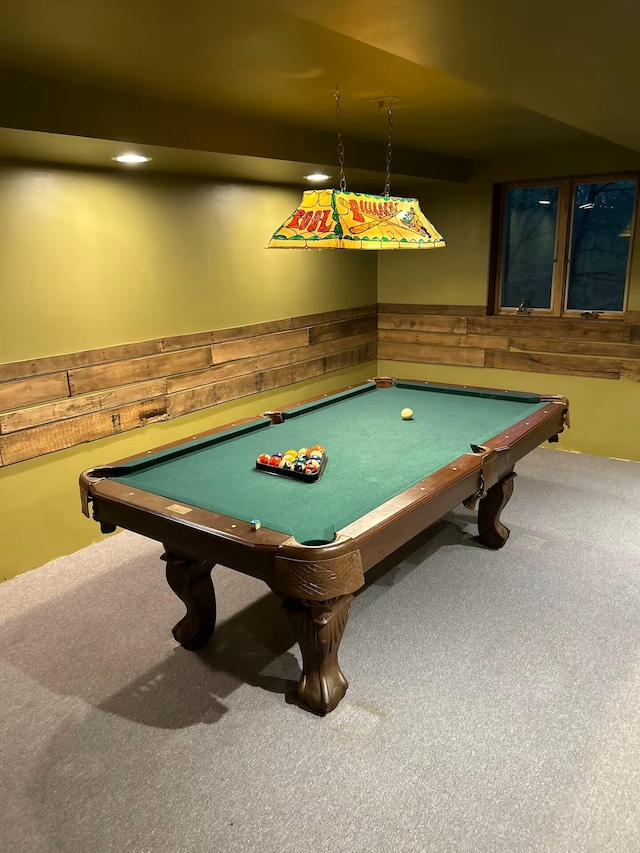 251 Dorchester Dr, Bushkill, PA 18324 - playroom featuring carpet floors, billiards table, a wainscoted wall, and wooden walls