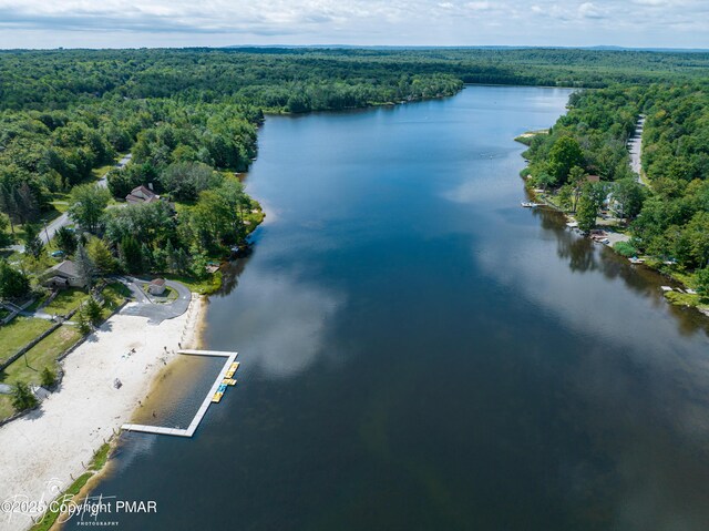 aerial view featuring a water view and a wooded view